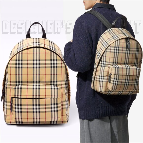 BURBERRY black Leather trim JETT beige Archive Vintage Check nylon zip Backpack - Picture 8 of 12